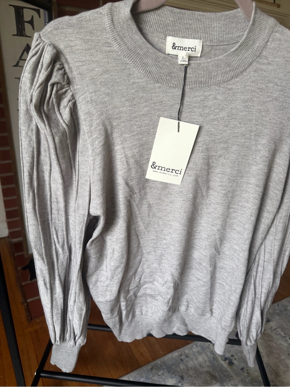 &merci Light Gray Puff Sleeve Crew Sweater